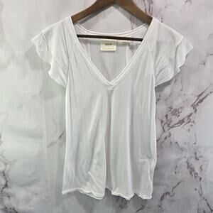 Anthropologie T Shirt Womens Small White V Neck Maeve Flutter Ruffle Tee